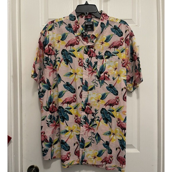 Super Massive Other - MASSIVE Brand Short Sleeve Button Front Pink Flamingo Print Shirt Mens Sz XL